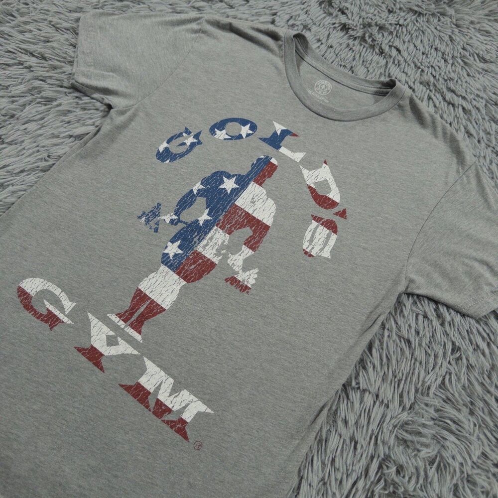 Golds Gym Small Gray USA Flag Bodybuilding Logo Gym Fitness Pullover Tee Mens